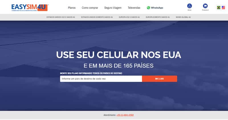 Página da Easysim 4U, empresa de chip de internet para o exterior