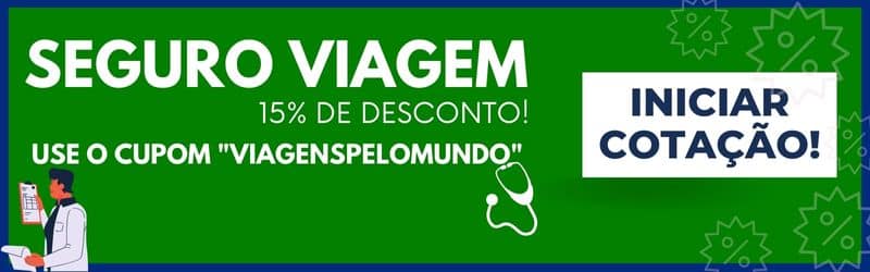 Banner do Seguro Viagem com desconto. 15% de desconto usando o cupom Viagens pelo Mundo, tudo junto.