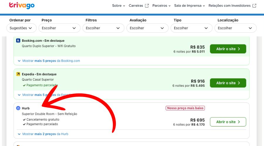 Página do Trivago indicando a agência Hurb que enfrenta processos.