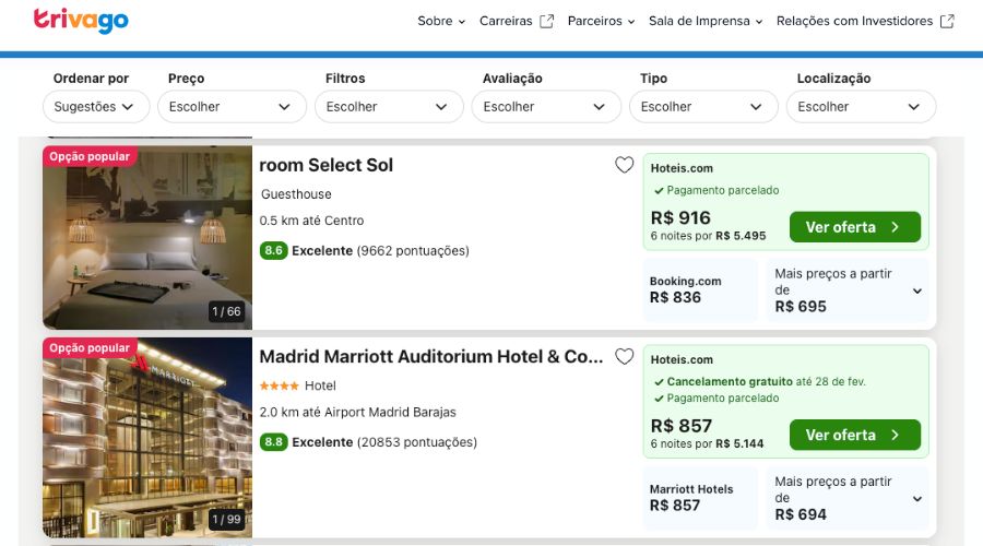 Hotéis que aparecem na primeira lista do Trivago