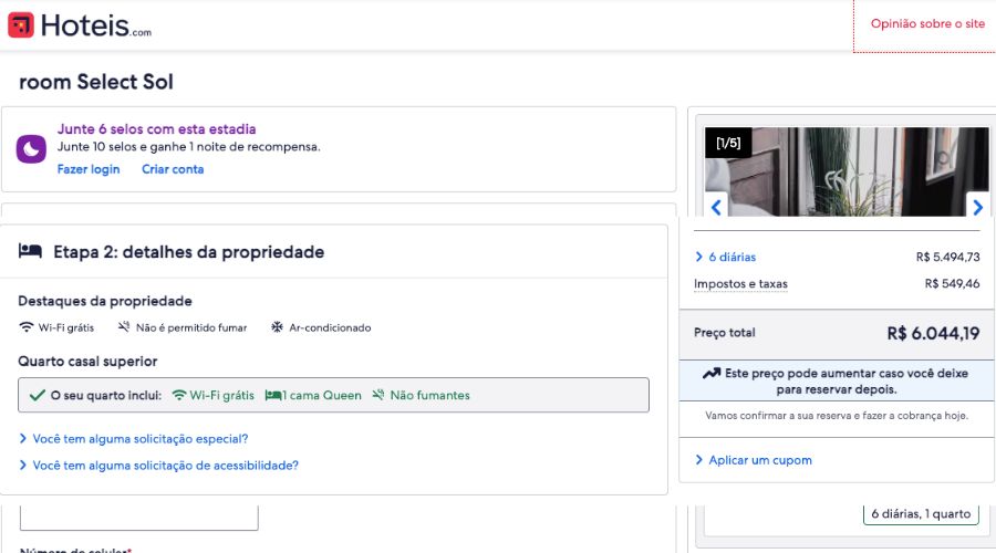 Página do Hoteis .com indicando um valor mais caro após escolher a melhor tarifa no Trivago