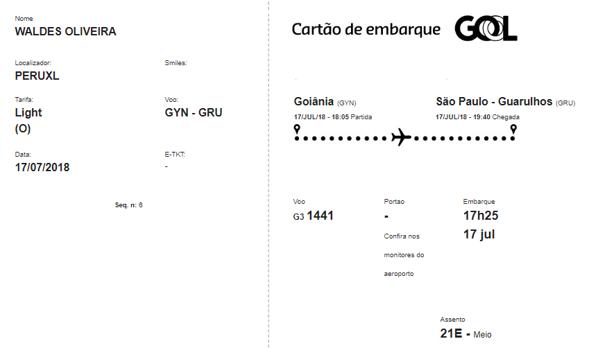 Bilhete de Embarque gol