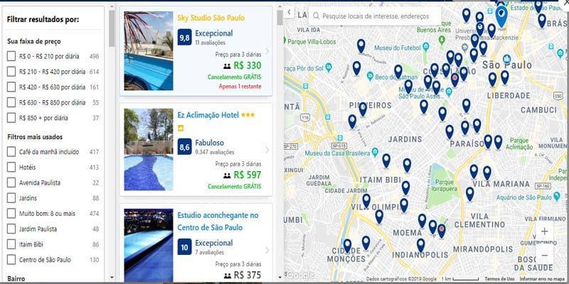 Usando o mapa para escolher a hospedagem