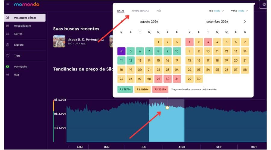 Calendário com os preços mais caros e baratos no site da Momondo