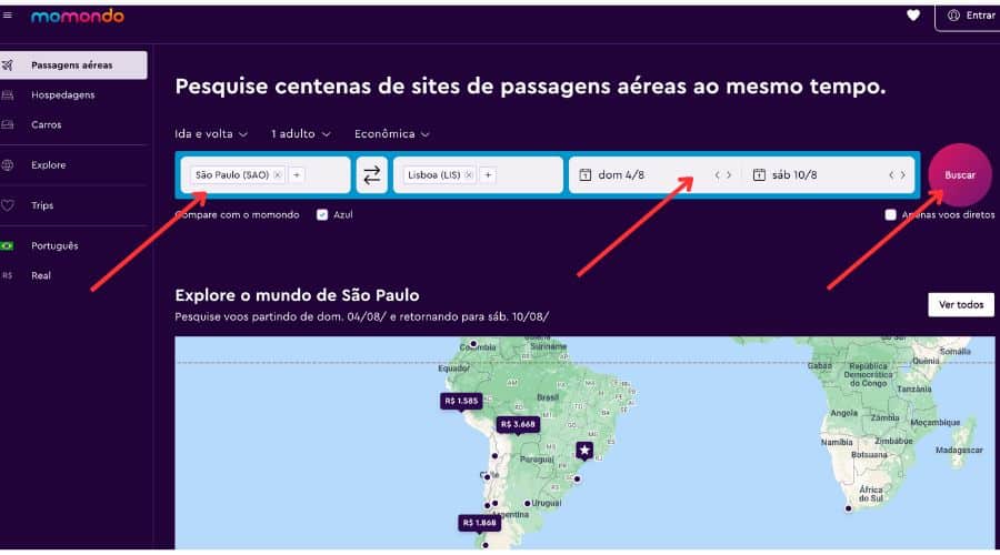 Veja como pesquisar um voo na Momondo