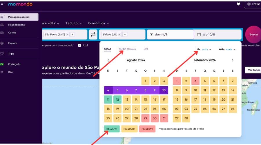 Pesquisa de preços de passagens aéreas na Momondo