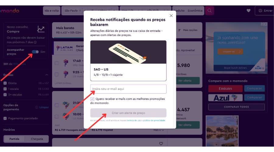 Função de habilitar alerta de preço na Momondo