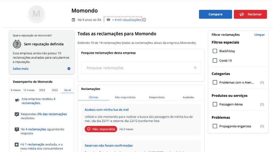 Página do Reclame Aqui com avaliações da plataforma