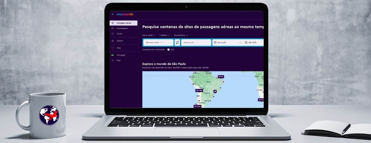 Guia sobre se a Momondo é confiável. Página principal do site da Momondo em um notebook aberto
