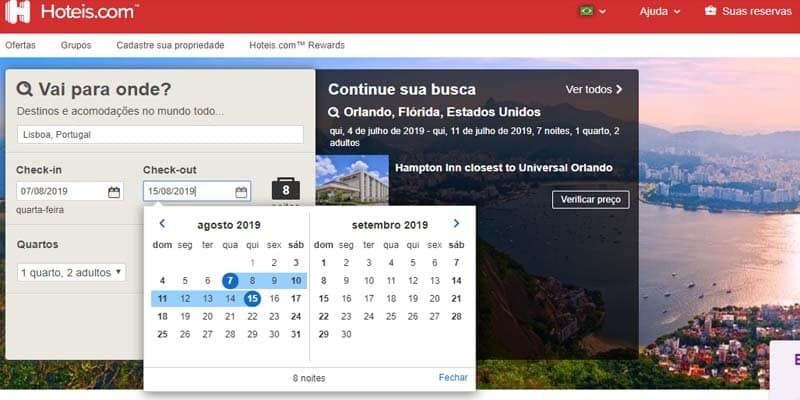 Página de busca do hotéis.com
