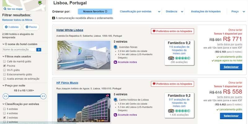 Filtros dos hotéis na página