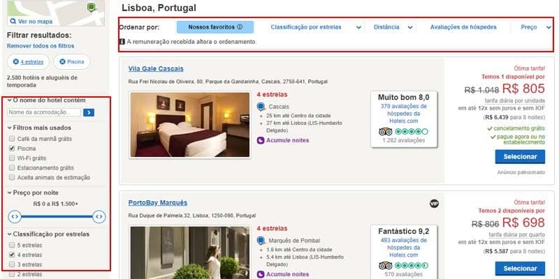 Seleção dos filtros para encontrar os melhores hotéis