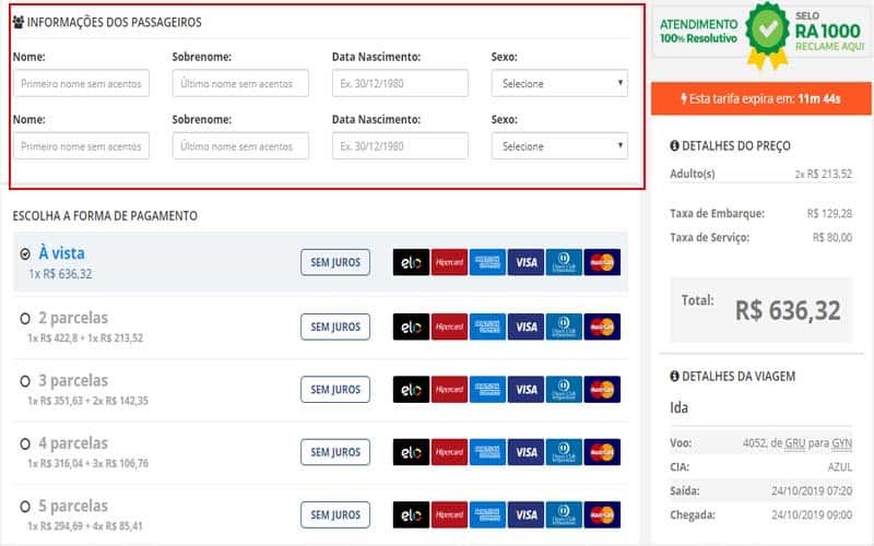 Página para preencher os dados do viajante