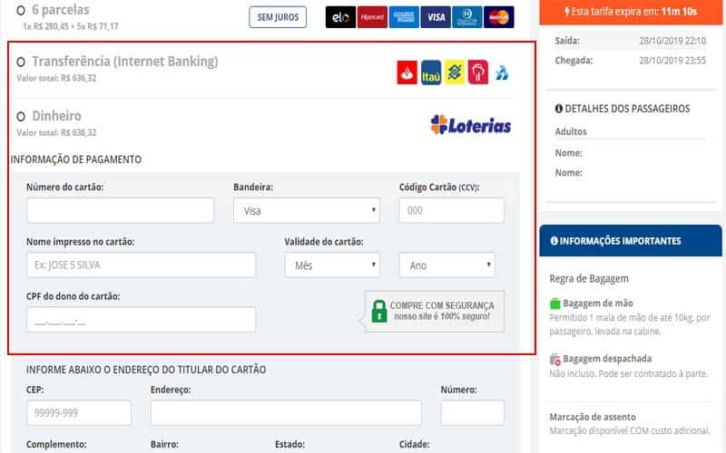 Página para preencher os dados do cartão de crédito