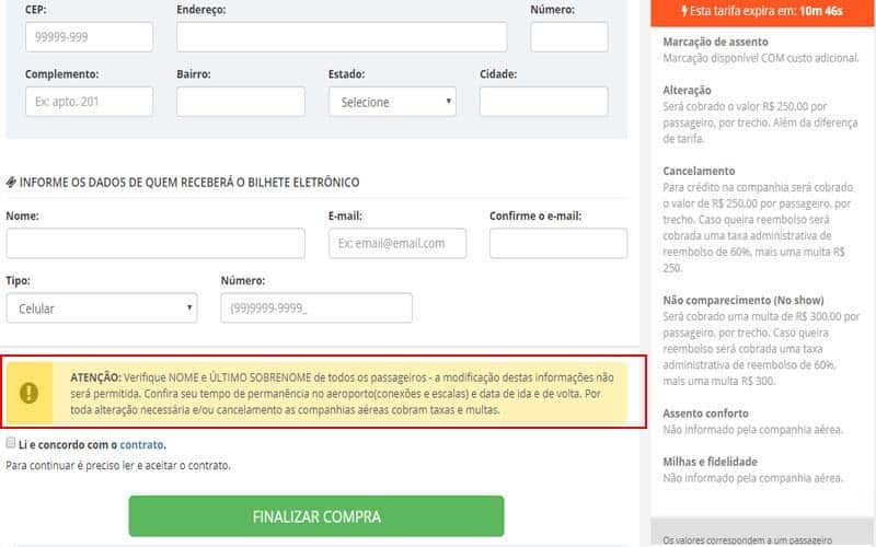 Página para preencher os dados de quem vai receber o voucher da pasagem