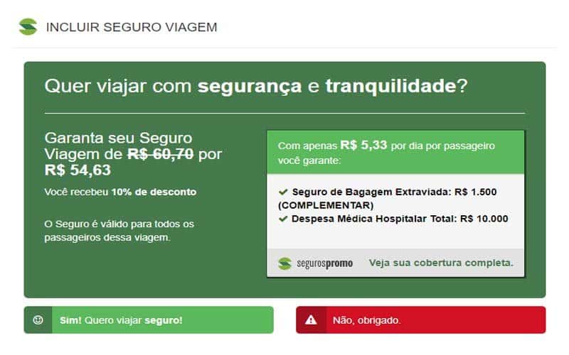 Página com opção se quer adicionar o Seguro Viagem