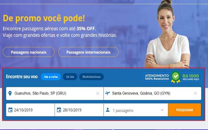 Página principal da Passagens Promo