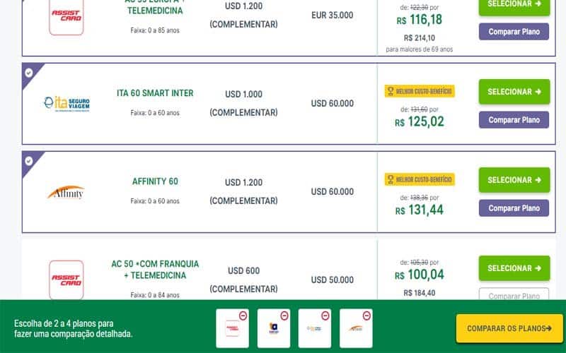 Página com todas as seguradoras que emitem seguro viagem para europa