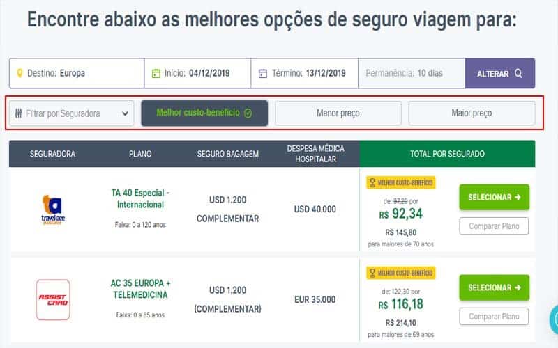 Página com os Seguros Viagem da Seguros Promo