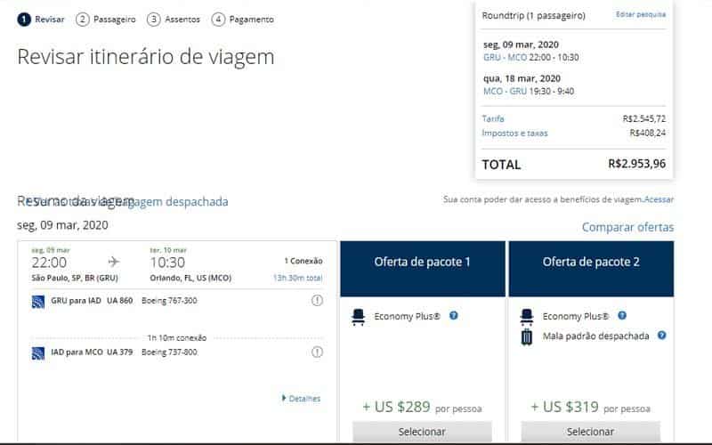 Página de compra do voo