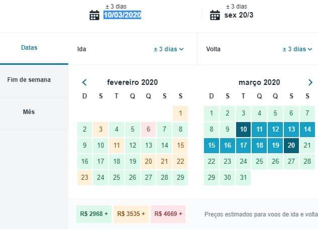 Página para escolher a data do voo