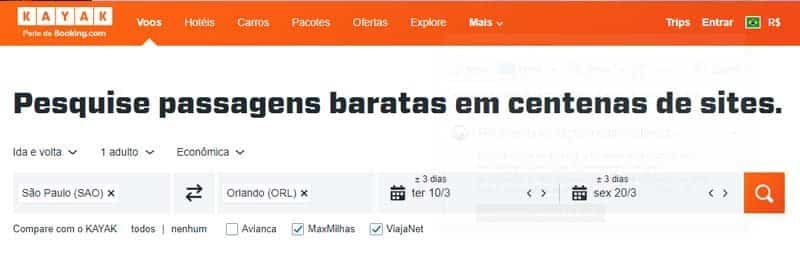 Página de seleção de voo do Kayak