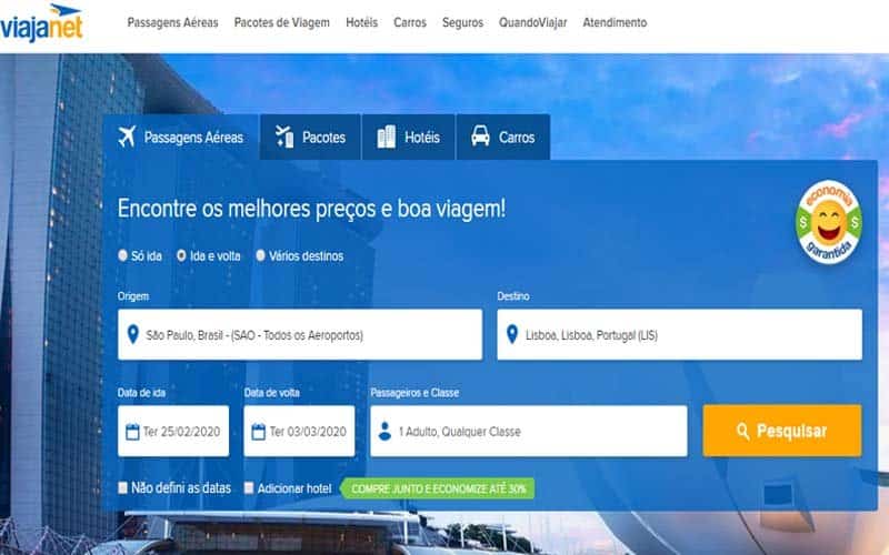 Página inicial do Viajanet