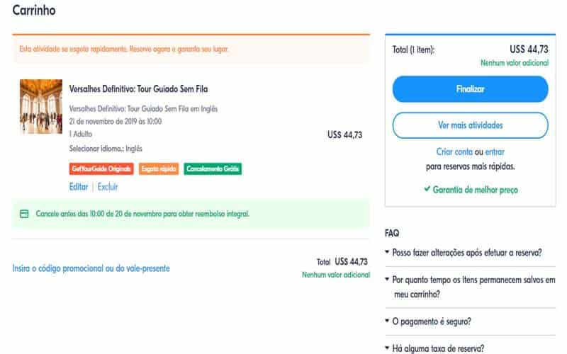 Página para finalizar o pagamento do passeio