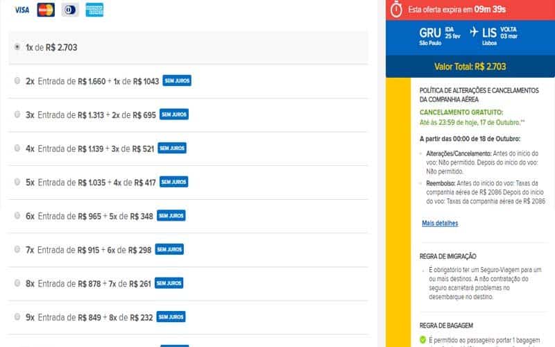 Opções de pagamento no site da viajanet