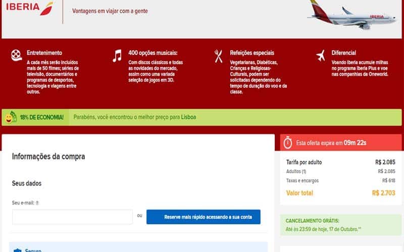 Página com informações do voo