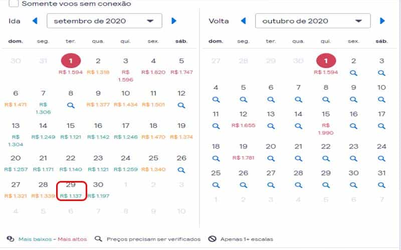 Calendário com valores no skyscanner