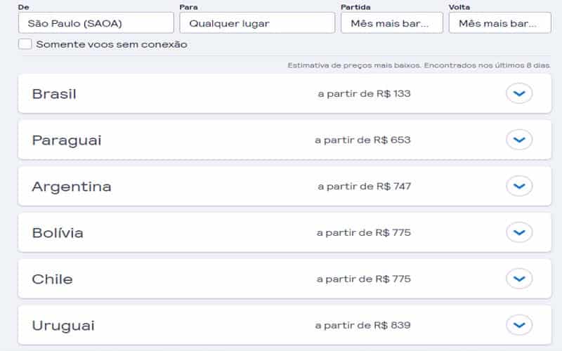 Destinos mais baratos no skyscanner