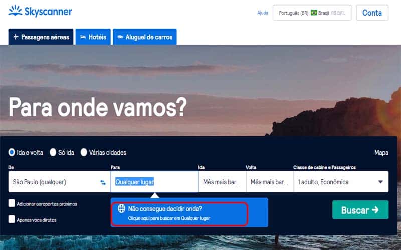 Opção qualquer lugar do skyscanner