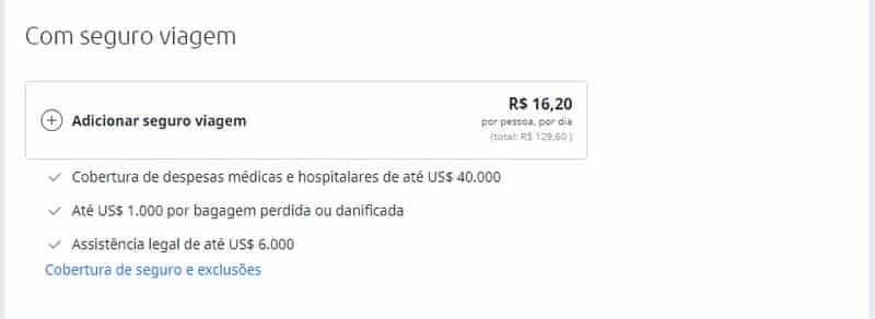 Página de Seguro Viagem no site eDestinos