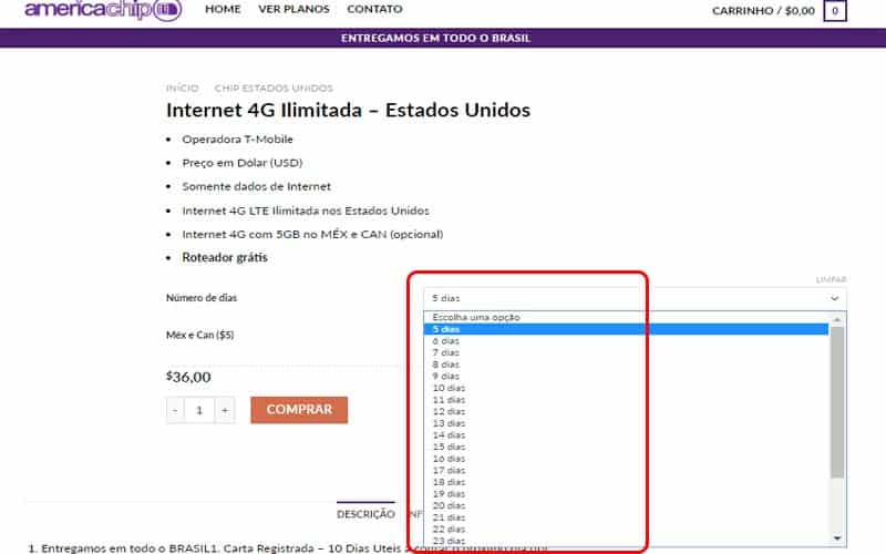 Quantidade de dias que vai usar o chip