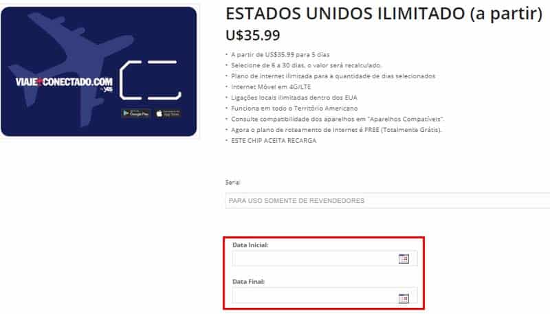 Página para selecionar a data que vai usar o chip de internet internacional