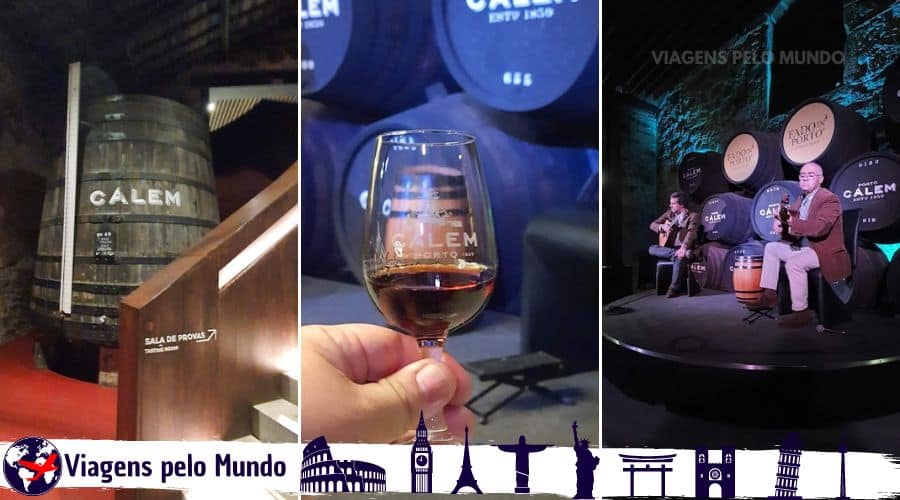 3 fotos da Vinícola Cálem: A primeira foto com um barril antigo da Cálem. A segunda, minha mã segurando uma pequena taça com o vinho do porto e ao fundo o palco com cadeira e barris decorando o ambiente com nome Calém Show de Fato. Terceira foto são dos músicos tocam Fado no palco dentro da vinícola Cálem
