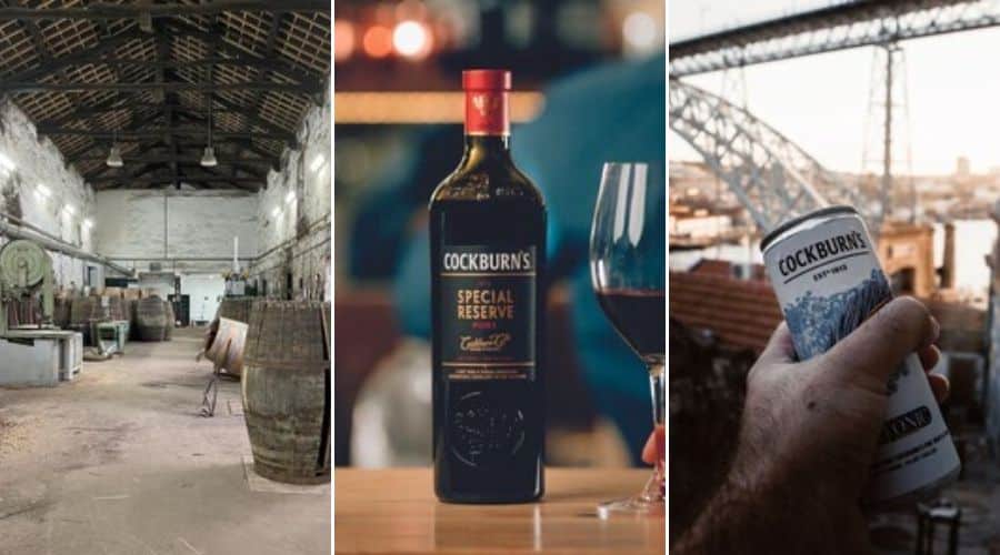 Cave Cockburn's: Sala com manutenção e montagem de barris. Garrafa de vinho da Cockburn's. Uma mão segurando uma lata de vinho da Cockburn's com a Ponto D. Luís no fundo 