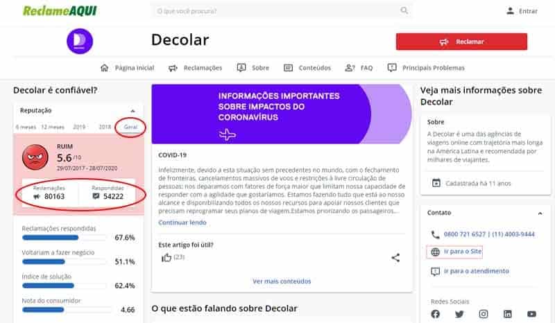Página da Decolar no Reclame Aqui