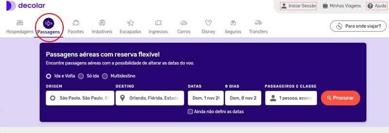 Página inicial de passagens aéreas da Decolar