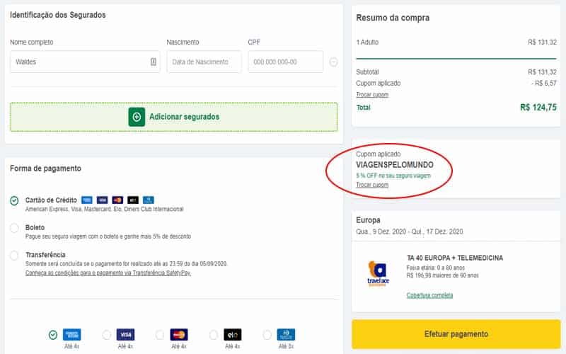Página de pagamento do seguro com o cupom de desconto