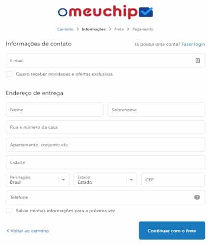 Página para colocar os dados pessoais no O meu chip