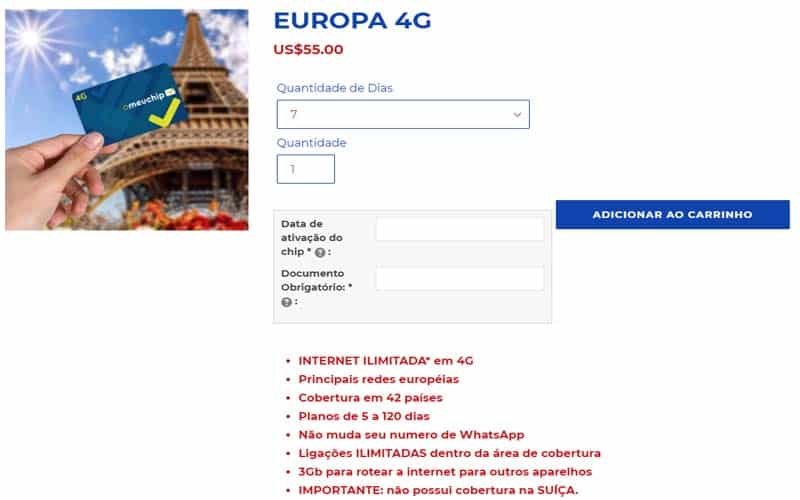 Página de compra do Chip Europa