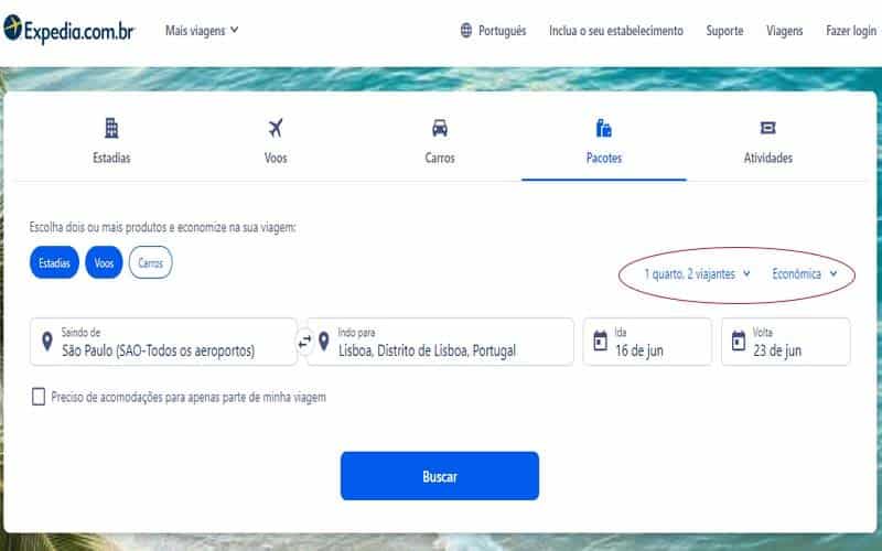 Página de escolha do destino