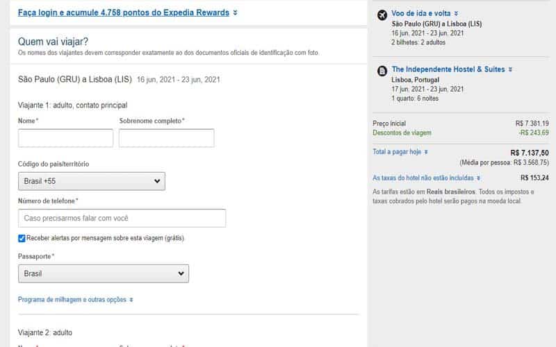 Página para preencher os dados pessoais - Expedia é confiável