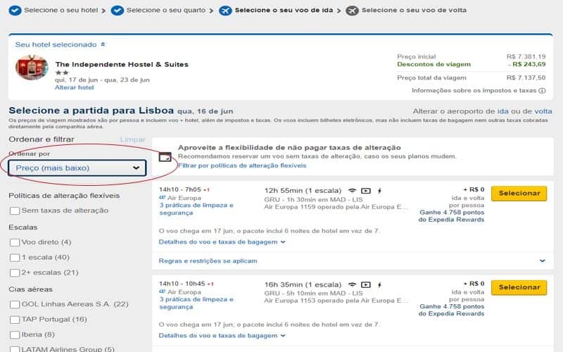 Página de voos na Expedia