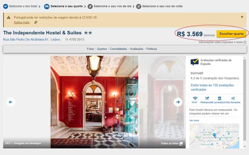 Selecionando o hostel na Expedia