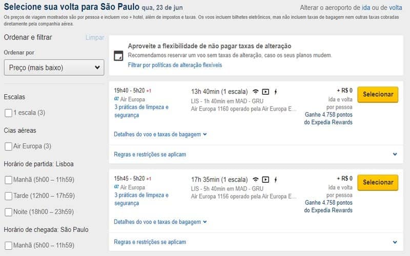 Página para selecionar o voo de volta