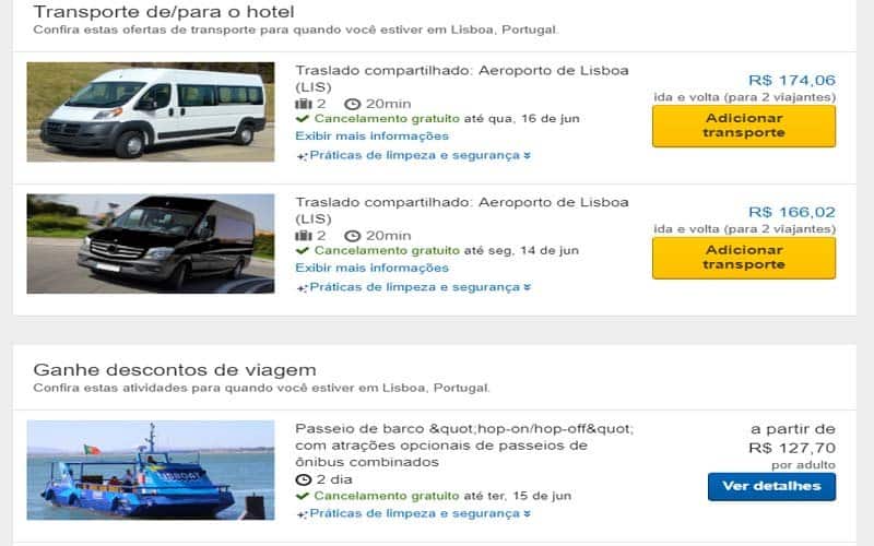 Página para escolher o Transfer e os passeios