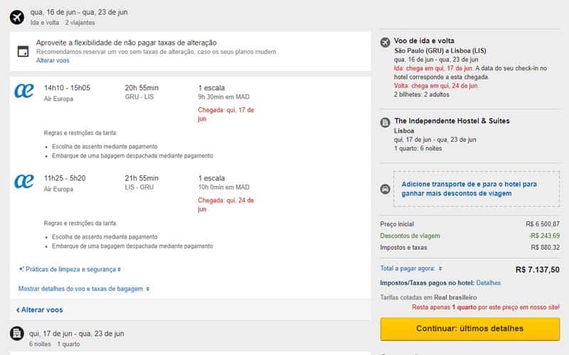 Página para confirmar o voo e a hospedagem